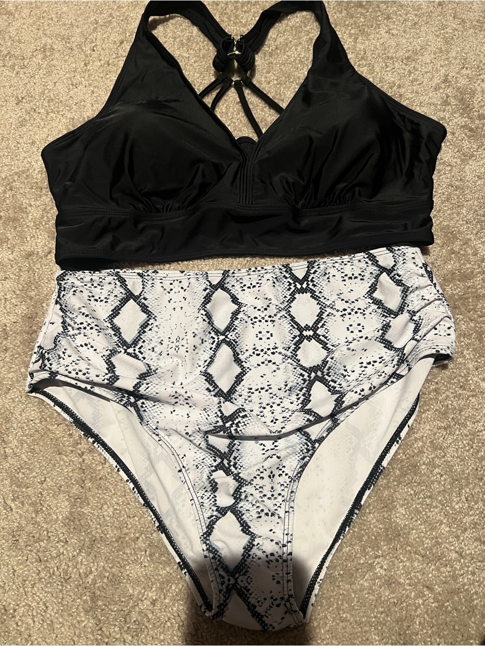 Black Strappy Bikini Top with Snake Print High-Waist Bottoms